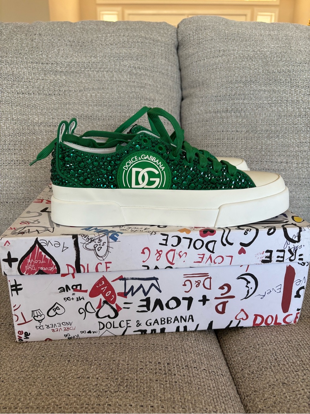 Dolce & Gabbana Emerald Green crystal Low-Top Sneakers with White Sole